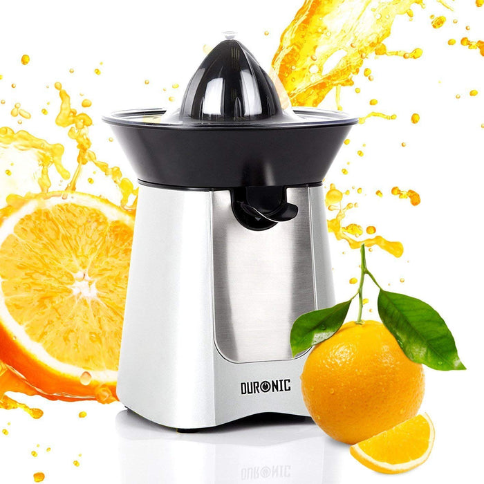 Duronic JE6 SR Presse-agrume électrique compact en inox de 100W - Bec verseur - 2 Cônes interchangeables - Idéal pour jus d'agrumes, citrons et oranges
