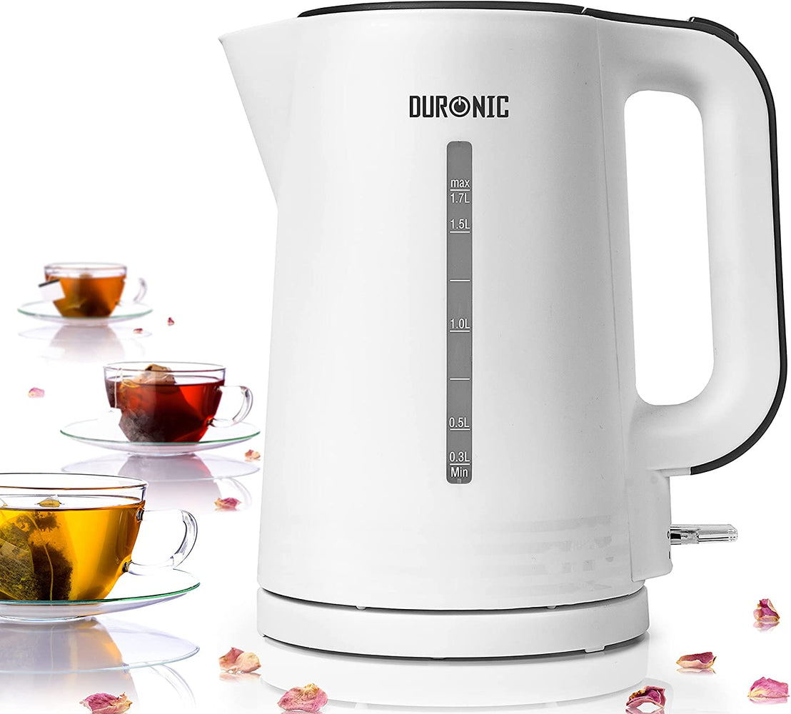 Duronic EK17 WE Bouilloire électrique de 2200W | Design moderne | 1,7 L | Chauffe rapidement | Blanc | Base à 360° | Arrêt automatique | Couvercle rabattable