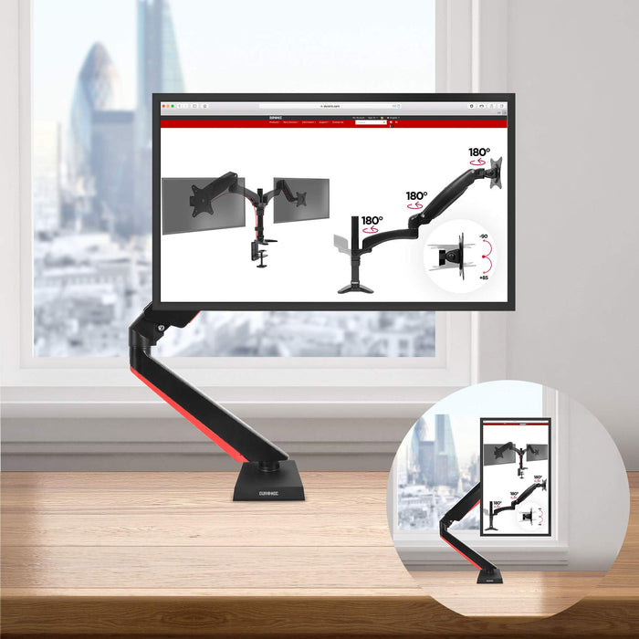 Duronic DMGM5X1 Support de moniteur | 1 écran entre 15 et 32 pouces | Lumière d'ambiance LED rouge | Hauteur ajustable | VESA 75/100 | 8 kg | Bras à gaz | Flexibilité de pivot, rotation et inclinaison