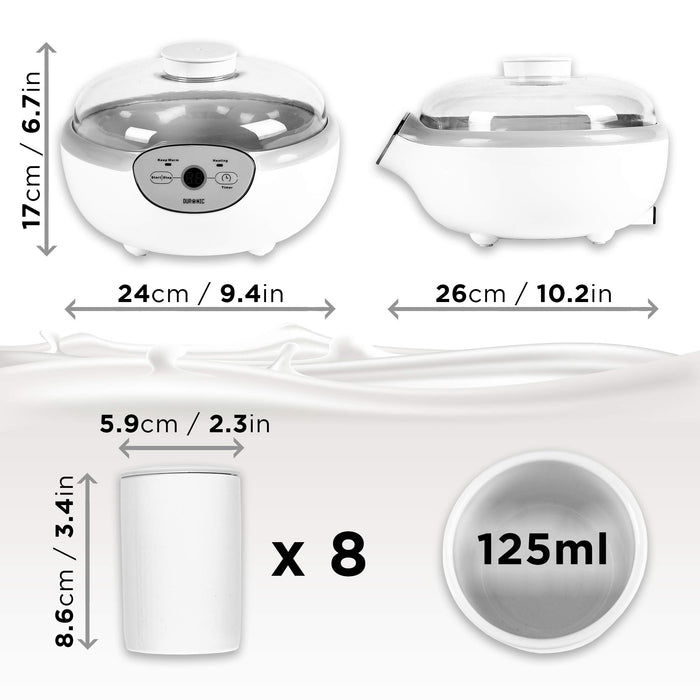 Duronic YM2 Yaourtière électrique programmable 8 pots de 125 ml Machine à yaourt avec Thermostat et Pots en Céramique Préparer des yaourts et desserts faits-maison