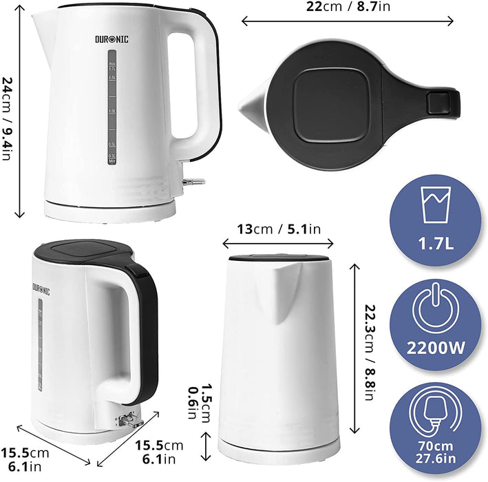 Duronic EK17 WE Bouilloire électrique de 2200W | Design moderne | 1,7 L | Chauffe rapidement | Blanc | Base à 360° | Arrêt automatique | Couvercle rabattable
