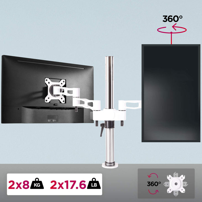 Duronic DM352 WE Support de 2 moniteurs à Pince pour Bureau - Hauteur Ajustable - Rotatif/Inclinable/Pivotable - Compatible avec moniteurs LCD/LED VESA 75/100 - Potence et Bras en Aluminium