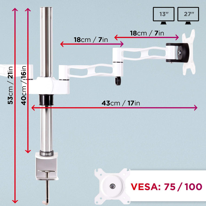 Duronic DM352 WE Support de 2 moniteurs à Pince pour Bureau - Hauteur Ajustable - Rotatif/Inclinable/Pivotable - Compatible avec moniteurs LCD/LED VESA 75/100 - Potence et Bras en Aluminium