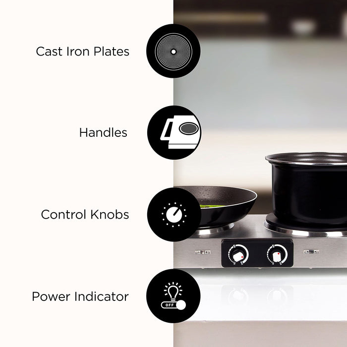 Duronic HP2 SS Plaque de cuisson chauffante électrique avec double foyer en fonte de 20 et 15 cm| 2500W | Compacte et mobile | Poignées ergonomiques | Thermostat | Camping, Camping-car, caravane