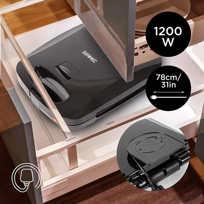 Duronic SWM60 Gaufrier, Toaster et Grill Electrique 3 en 1 – Plaques de cuisson antiadhésives détachables – 4 gaufres – 4 sandwichs ou toasts – Grill pour viandes et légumes – 1200W – Poignée thermo-isolante