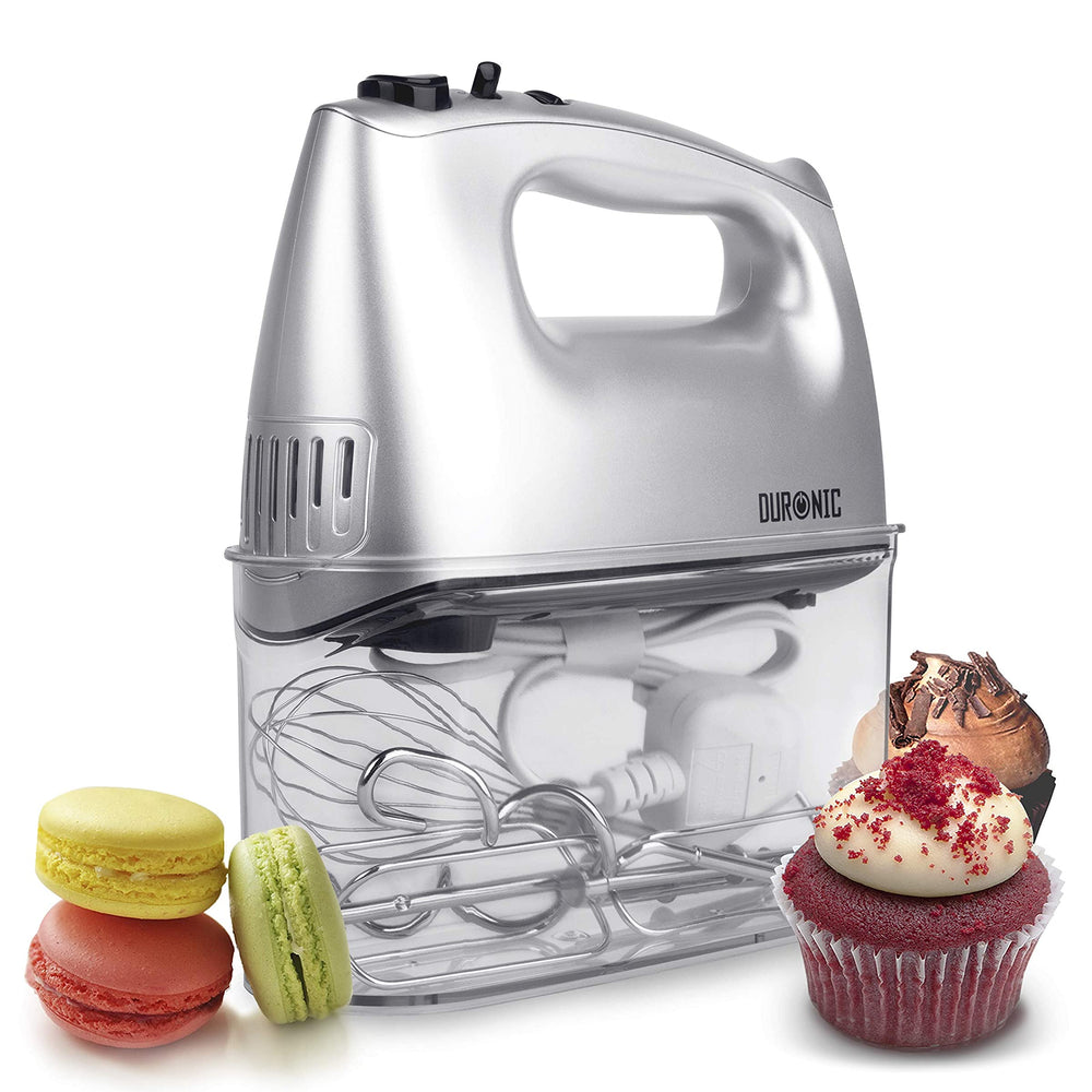 Duronic HM4 SR Batteur électrique cuisine à main 400W | 5 vitesses avec fonction Turbo | Compartiment de rangement | 2 batteurs 2 crochets à pétrir et 1 fouet | Argenté