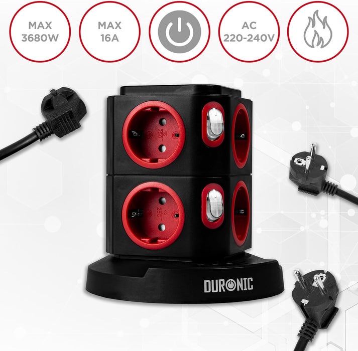 Duronic ET8W Tour Multiprise avec 3 ports USB et Recharge sans fil | 8 Prises 3680W 13A | Multiprise avec parasurtenseur protection contre les surtensions | Câble de 1,8 m