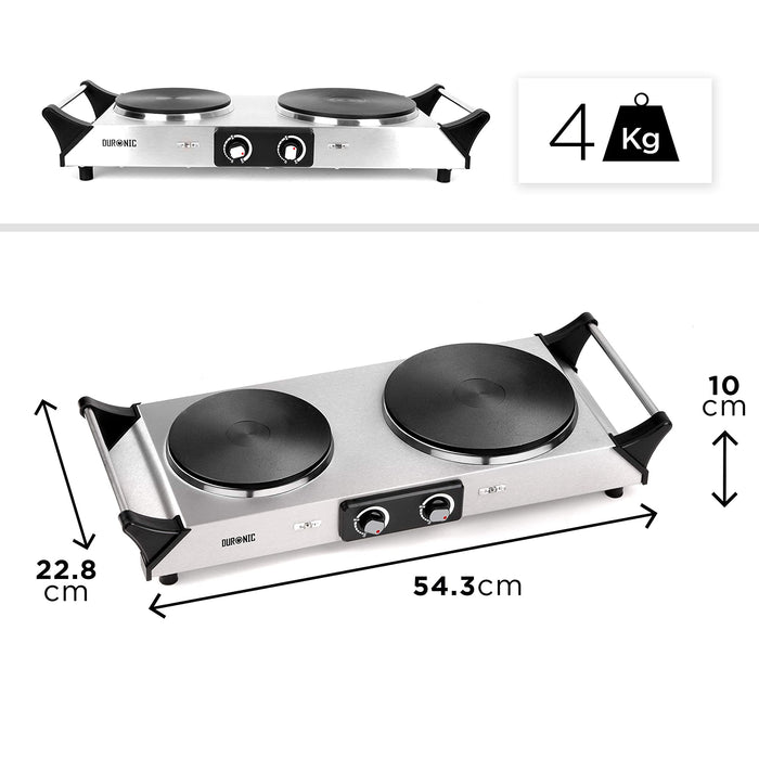 Duronic HP2 SS Plaque de cuisson chauffante électrique avec double foyer en fonte de 20 et 15 cm| 2500W | Compacte et mobile | Poignées ergonomiques | Thermostat | Camping, Camping-car, caravane
