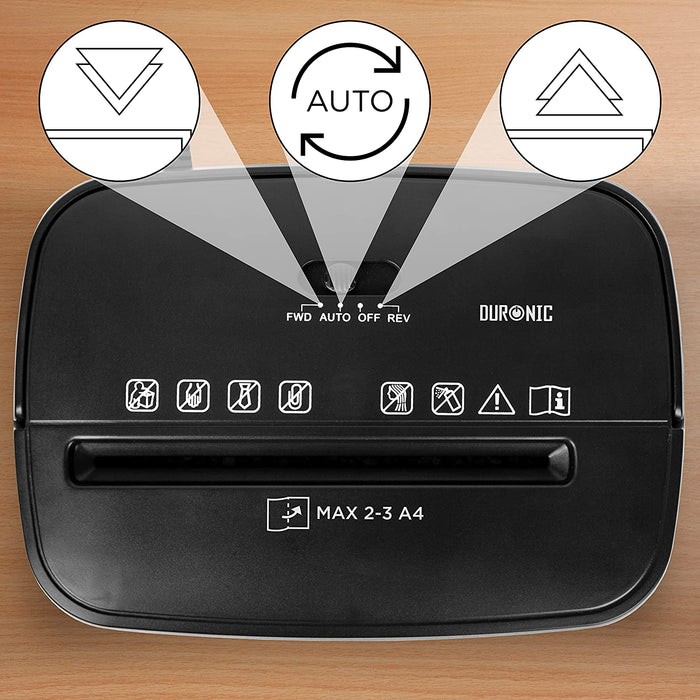 Duronic PS285 Destructeur de Documents 180W pour 3 Feuilles de Papier A4 Pliées en 2 | Micro coupe croisée | Réservoir de 5 L | Retour en arrière | Anti bourrage de Papier | En conformité avec le RGPD