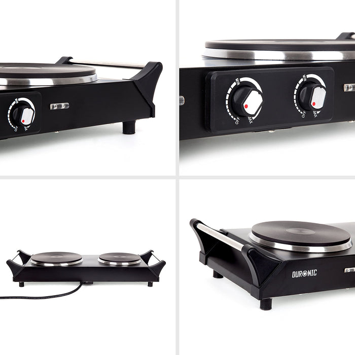 Duronic HP2 BK Plaque de cuisson chauffante électrique avec double foyer en fonte de 20 et 15 cm| 2500W | Compacte et mobile | Poignées ergonomiques | Thermostat | Camping, Camping-car, caravane
