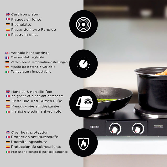 Duronic HP2 BK Plaque de cuisson chauffante électrique avec double foyer en fonte de 20 et 15 cm| 2500W | Compacte et mobile | Poignées ergonomiques | Thermostat | Camping, Camping-car, caravane
