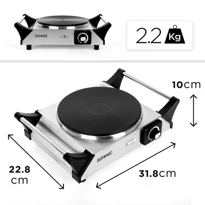 Duronic HP1 SS Plaque de cuisson chauffante électrique avec foyer en fonte de 20 cm | 1500W | Compacte et mobile | Poignées ergonomiques | Thermostat | Cuisinière pour camping, camping-car, caravane