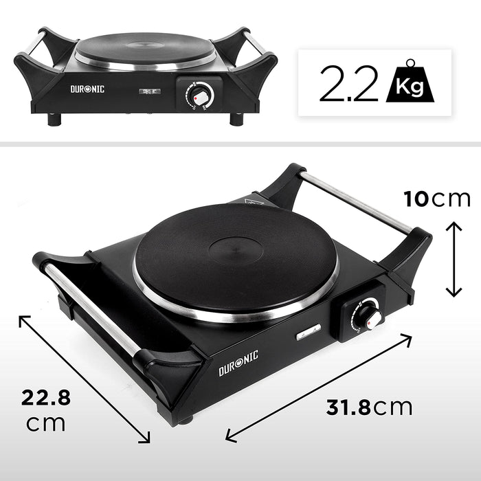 Duronic HP1 BK Plaque de cuisson chauffante électrique avec foyer en fonte de 20 cm | 1500W | Compacte et mobile | Poignées ergonomiques | Thermostat | Cuisinière pour camping, camping-car, caravane