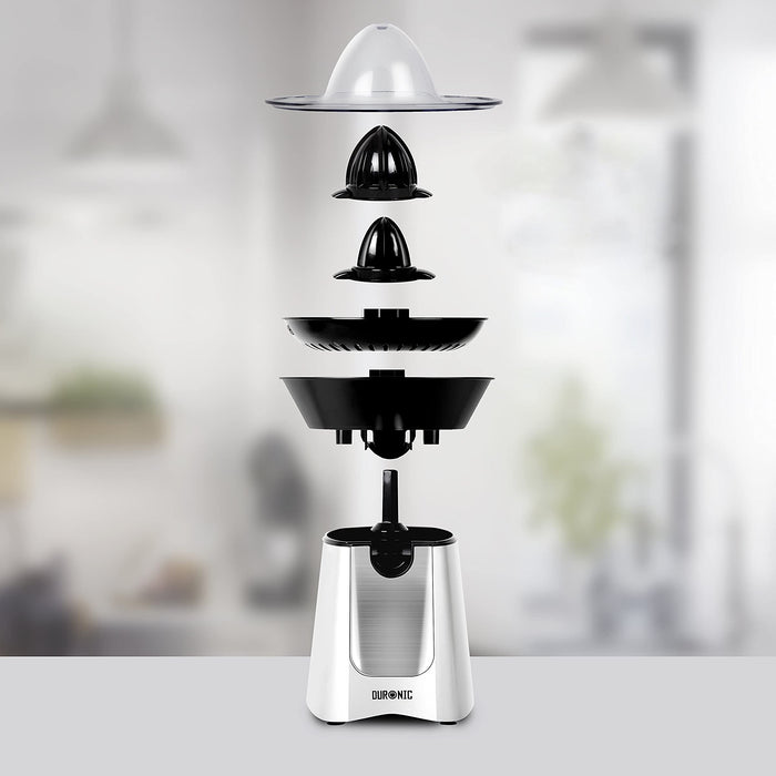 Duronic JE6 SR Presse-agrume électrique compact en inox de 100W - Bec verseur - 2 Cônes interchangeables - Idéal pour jus d'agrumes, citrons et oranges