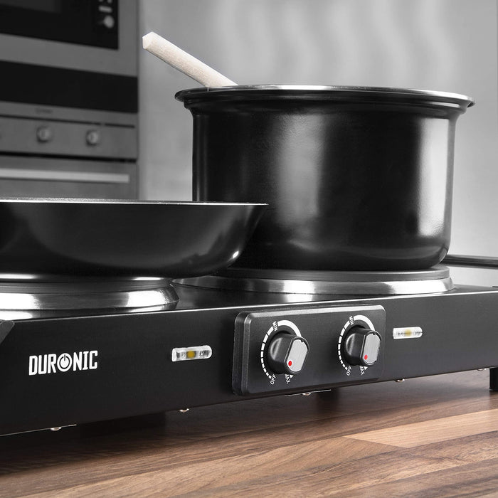 Duronic HP2 BK Plaque de cuisson chauffante électrique avec double foyer en fonte de 20 et 15 cm| 2500W | Compacte et mobile | Poignées ergonomiques | Thermostat | Camping, Camping-car, caravane