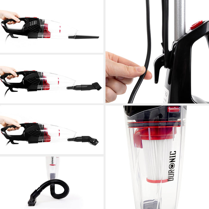 Duronic VC8 BK Aspirateur Balai et à Main sans Sac Classe A + tête suceuse/Flexible/Brosse - Se converti en Quelques Secondes !