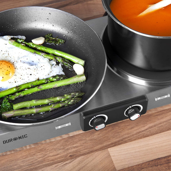 Duronic HP2 SS Plaque de cuisson chauffante électrique avec double foyer en fonte de 20 et 15 cm| 2500W | Compacte et mobile | Poignées ergonomiques | Thermostat | Camping, Camping-car, caravane