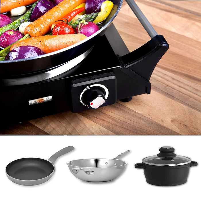 Duronic HP1 BK Plaque de cuisson chauffante électrique avec foyer en fonte de 20 cm | 1500W | Compacte et mobile | Poignées ergonomiques | Thermostat | Cuisinière pour camping, camping-car, caravane