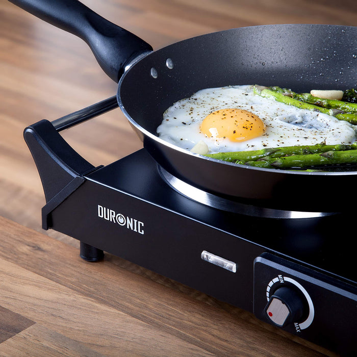 Duronic HP1 BK Plaque de cuisson chauffante électrique avec foyer en fonte de 20 cm | 1500W | Compacte et mobile | Poignées ergonomiques | Thermostat | Cuisinière pour camping, camping-car, caravane