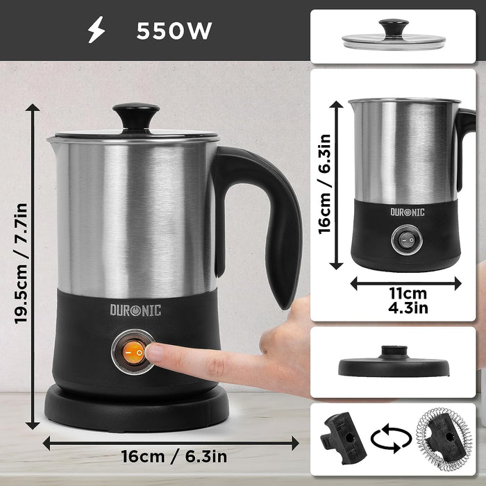 Duronic MF300 Mousseur à Lait électrique automatique 550W | Pour café cappuccino latte chocolat chaud thé | Mousse chaude ou froide et lait chaud | Capacité 400 ml | Pot en inox
