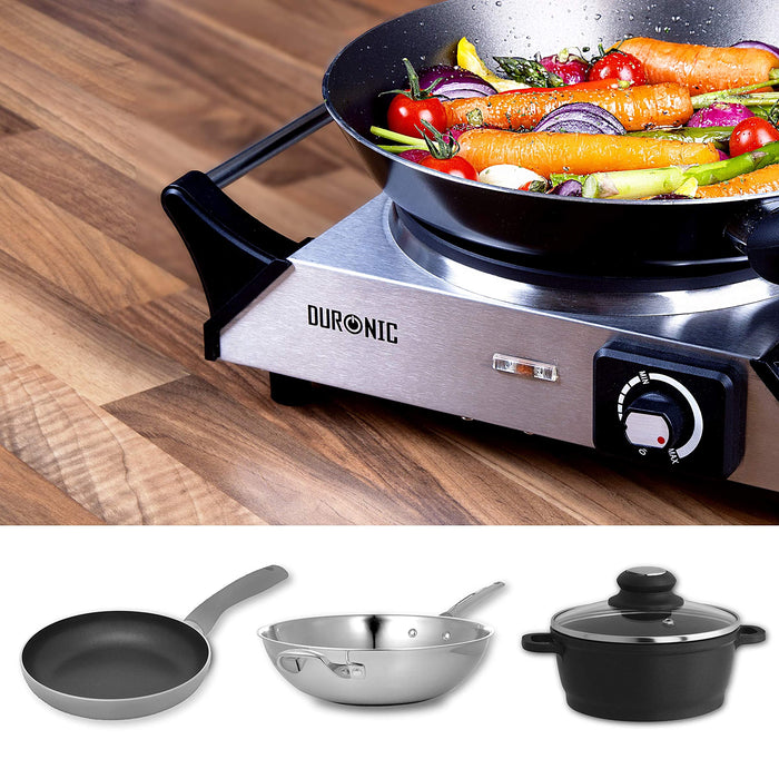 Duronic HP1 SS Plaque de cuisson chauffante électrique avec foyer en fonte de 20 cm | 1500W | Compacte et mobile | Poignées ergonomiques | Thermostat | Cuisinière pour camping, camping-car, caravane