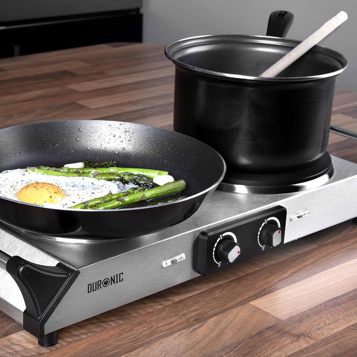 Duronic HP2 SS Plaque de cuisson chauffante électrique avec double foyer en fonte de 20 et 15 cm| 2500W | Compacte et mobile | Poignées ergonomiques | Thermostat | Camping, Camping-car, caravane
