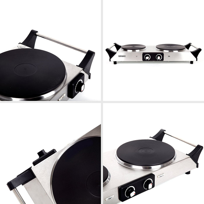 Duronic HP2 SS Plaque de cuisson chauffante électrique avec double foyer en fonte de 20 et 15 cm| 2500W | Compacte et mobile | Poignées ergonomiques | Thermostat | Camping, Camping-car, caravane