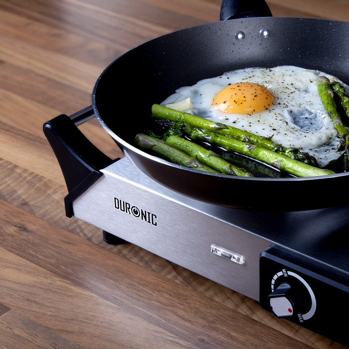Duronic HP1 SS Plaque de cuisson chauffante électrique avec foyer en fonte de 20 cm | 1500W | Compacte et mobile | Poignées ergonomiques | Thermostat | Cuisinière pour camping, camping-car, caravane