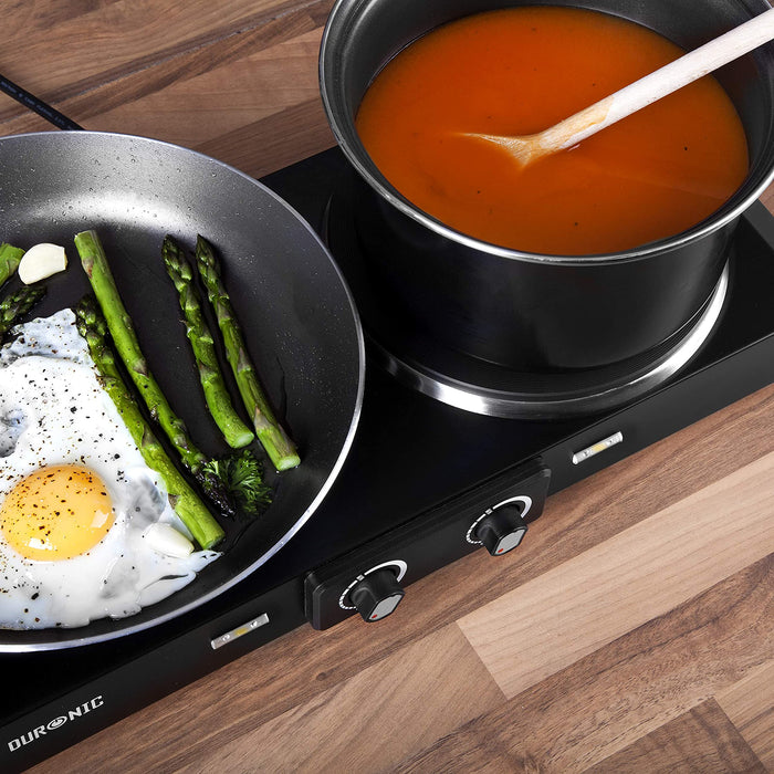 Duronic HP2 BK Plaque de cuisson chauffante électrique avec double foyer en fonte de 20 et 15 cm| 2500W | Compacte et mobile | Poignées ergonomiques | Thermostat | Camping, Camping-car, caravane