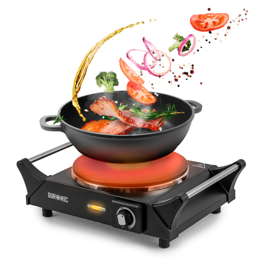 Duronic HP1 BK Plaque de cuisson chauffante électrique avec foyer en fonte de 20 cm | 1500W | Compacte et mobile | Poignées ergonomiques | Thermostat | Cuisinière pour camping, camping-car, caravane