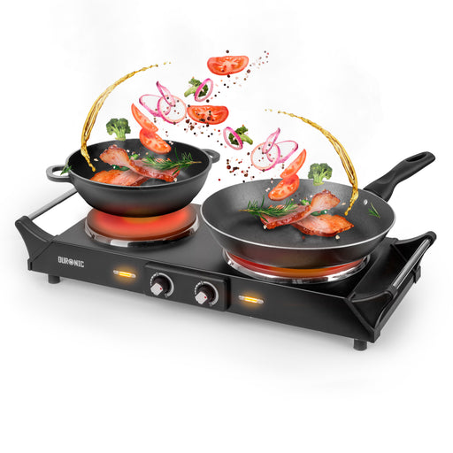 Duronic HP2 BK Plaque de cuisson chauffante électrique avec double foyer en fonte de 20 et 15 cm| 2500W | Compacte et mobile | Poignées ergonomiques | Thermostat | Camping, Camping-car, caravane