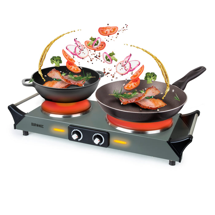 Duronic HP2 GG Plaque de cuisson électrique 2500W avec 2 foyers 20 et 15 cm Foyers en fonte 20 et 15 cm Réchaud avec thermostat réglable Poignées ergonomiques Pieds antidérapants Idéal pour camping