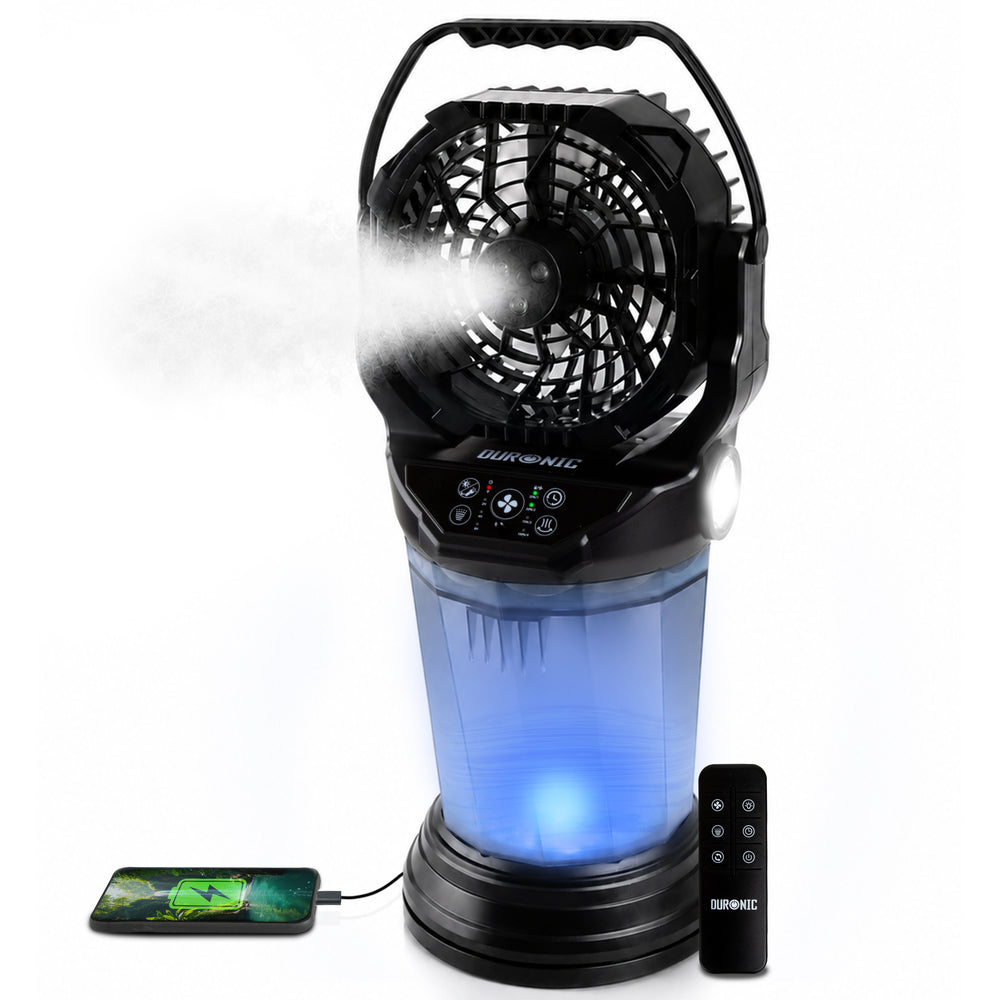Duronic FM6 BK Ventilateur de brume rechargeable Réservoir d’eau 2 litres 4 vitesse Télécommande incluse Lumières LED Lampe torche d’urgence Ventilateur portable extérieur camping pique-nique