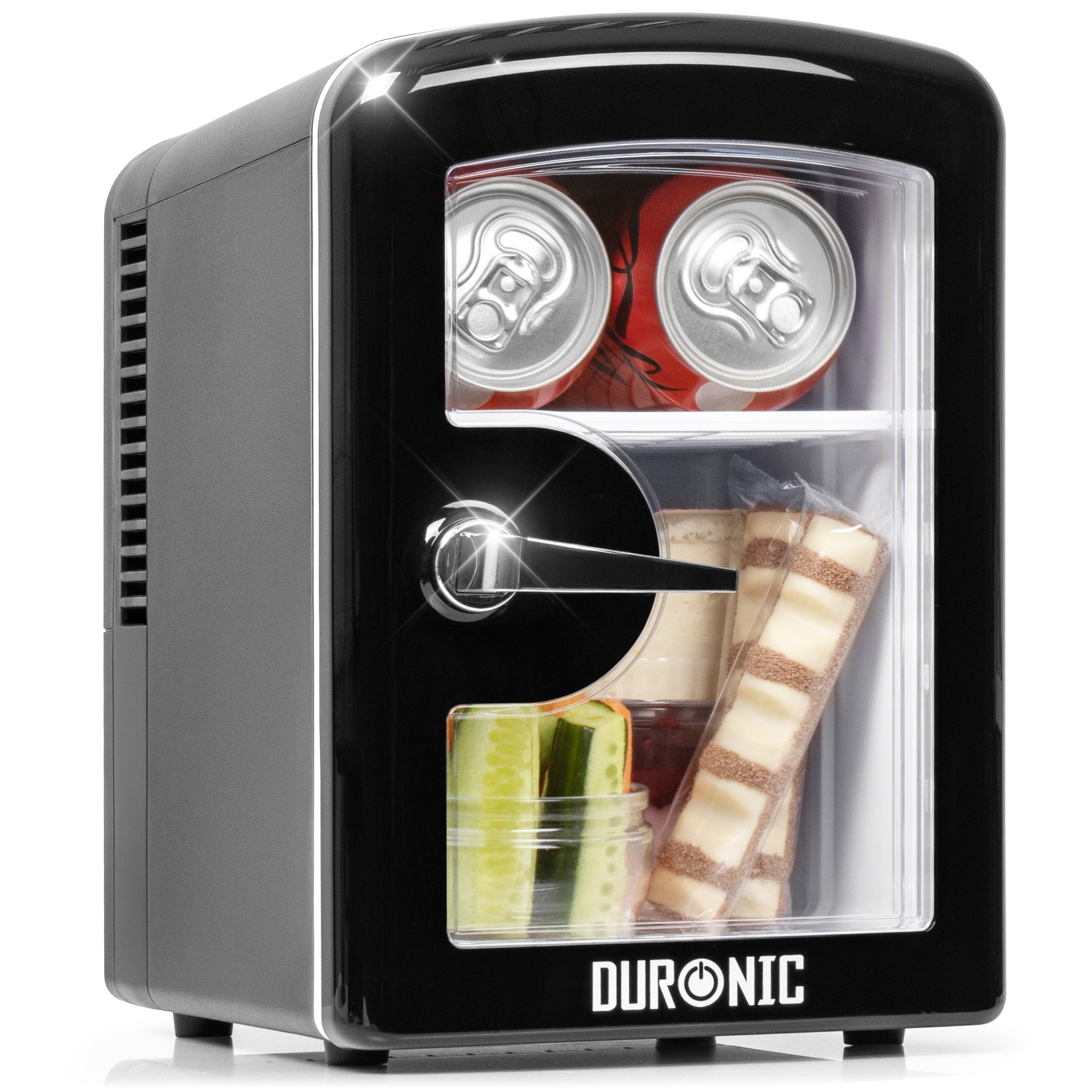 Duronic MFW4 BK Mini réfrigérateur 42W 4 litres Jusqu’à 6 cannettes Congélateur pour snacks boisson lait maternel cosmétique médicament Maintien au chaud Bureau chambre voiture camping bateau