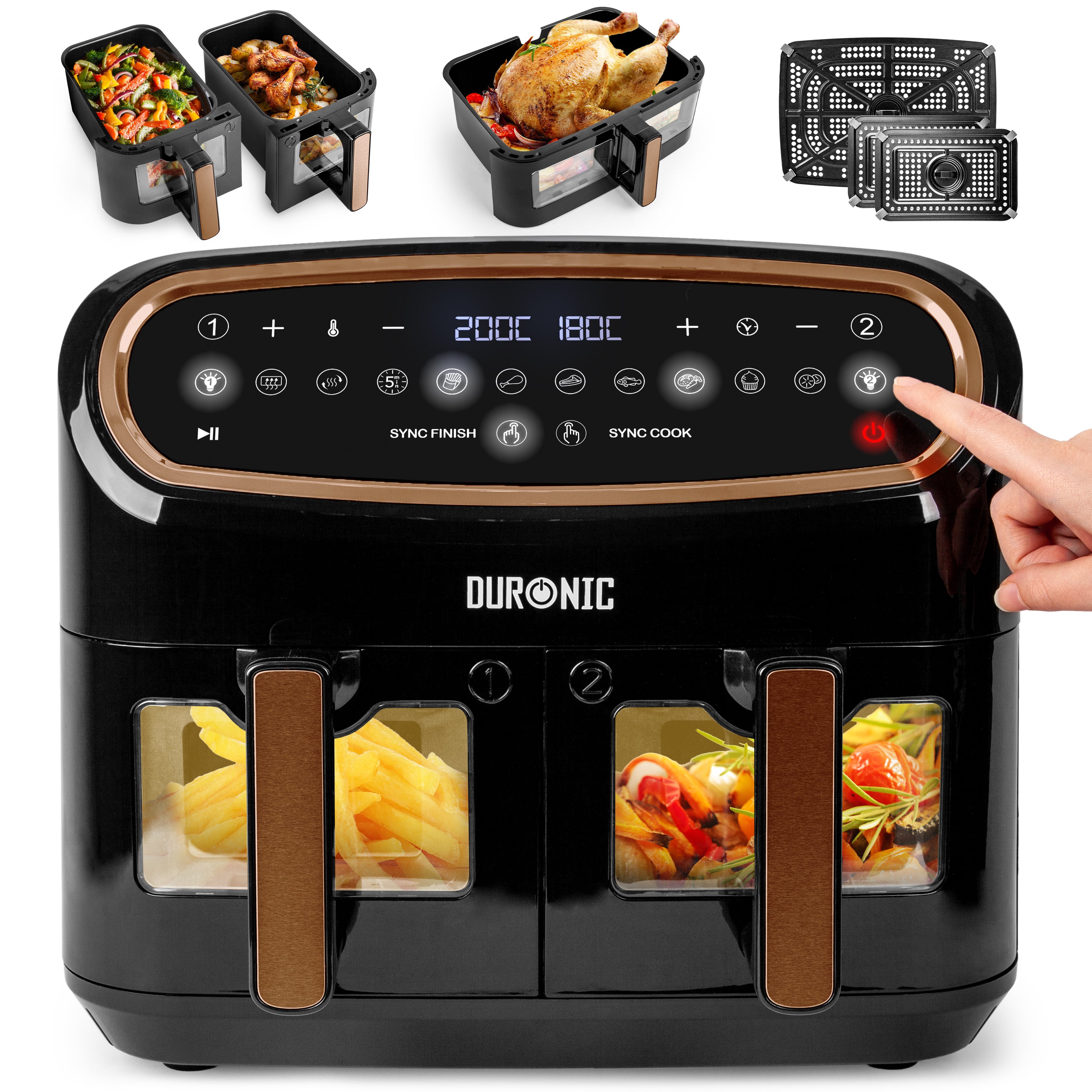 Duronic AF34 BG Set Friteuse à Air avec 1 grand tiroir de 10L et 2 petits tiroirs de 5L inclus | 10 Programmes de Cuisson Préréglés | Sans huile | Fonctions Sync Cook Sync Finish