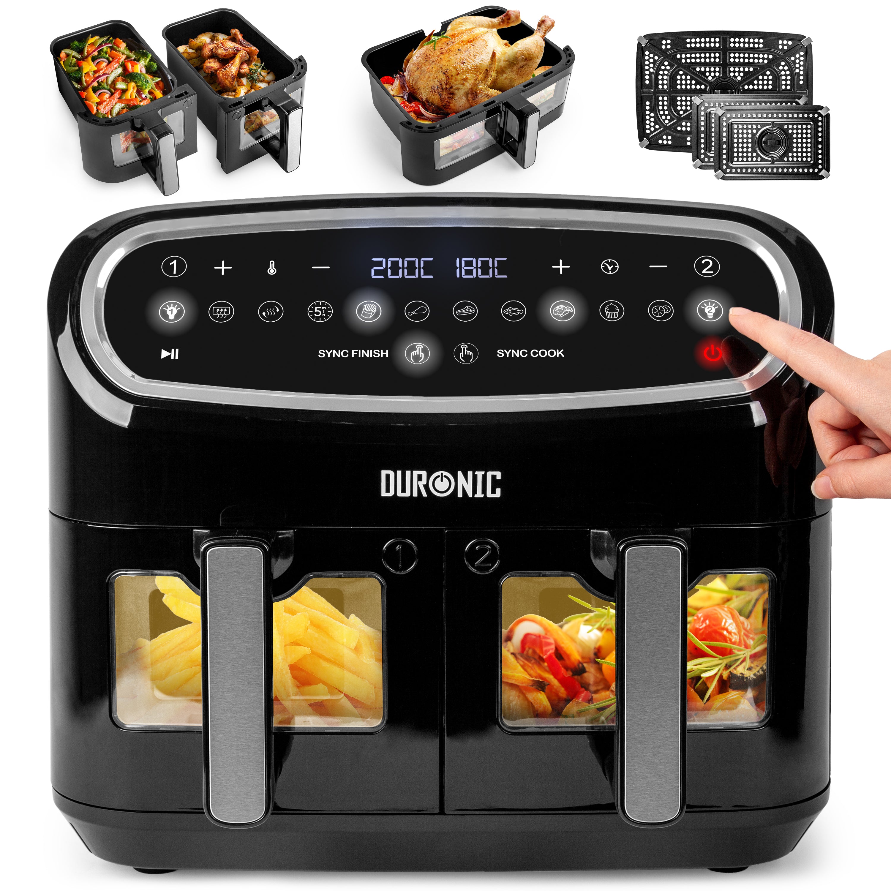 Duronic AF34 BK Set Friteuse à Air avec 1 grand tiroir de 10L et 2 petits tiroirs de 5L inclus | 10 Programmes de Cuisson Préréglés | Sans huile | Fonctions Sync Cook Sync Finish
