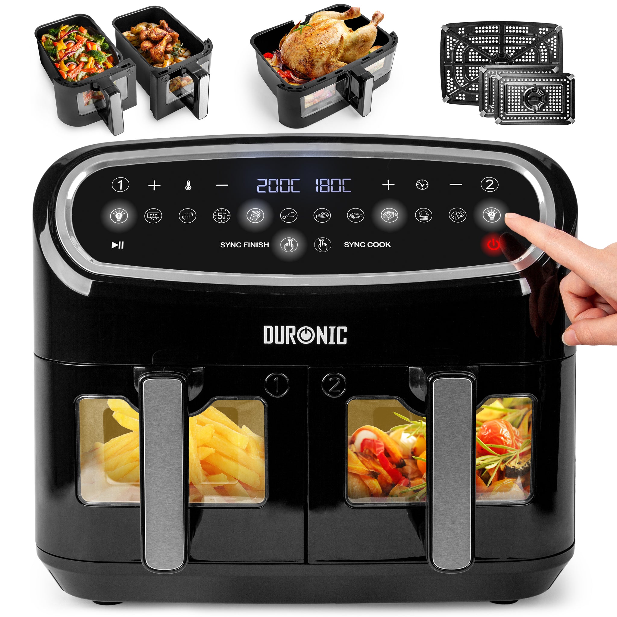 Duronic AF34 BK Set Friteuse à Air avec 1 grand tiroir de 10L et 2 petits tiroirs de 5L inclus | 10 Programmes de Cuisson Préréglés | Sans huile | Fonctions Sync Cook Sync Finish