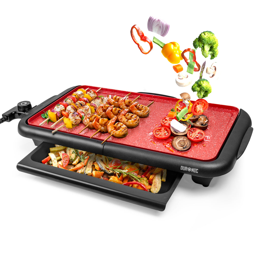 Duronic GP25 Plancha électrique antiadhésive XL 6 à 8 personnes 2000W Surface 47 x 26 cm avec thermostat Bac à jus amovible Cuisson sans ajout de matière grasse Idéal pour soirée avec des amis