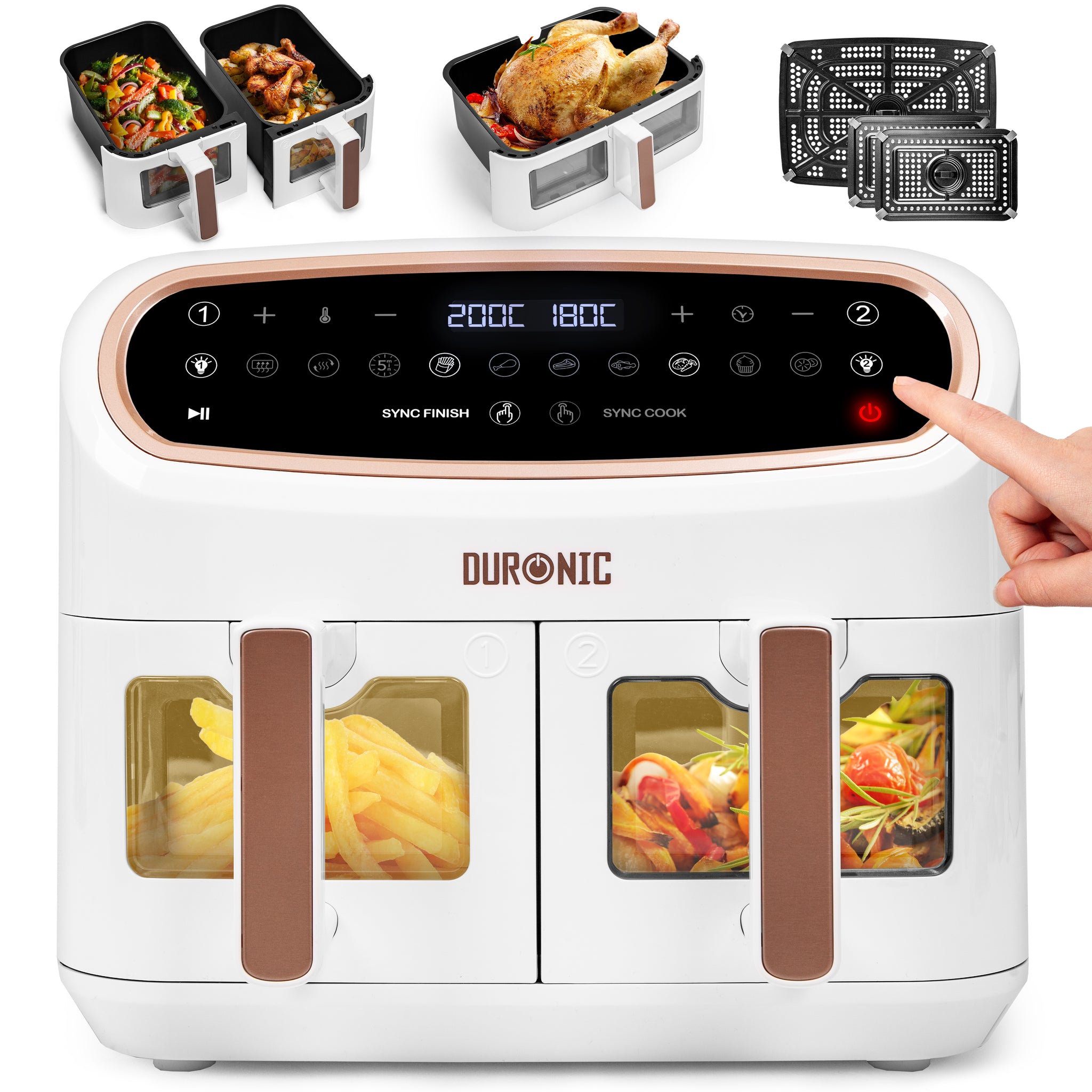 Duronic AF34 WG Set Friteuse à Air avec 1 grand tiroir de 10L et 2 petits tiroirs de 5L inclus | 10 Programmes de Cuisson Préréglés | Sans huile | Fonctions Sync Cook Sync Finish
