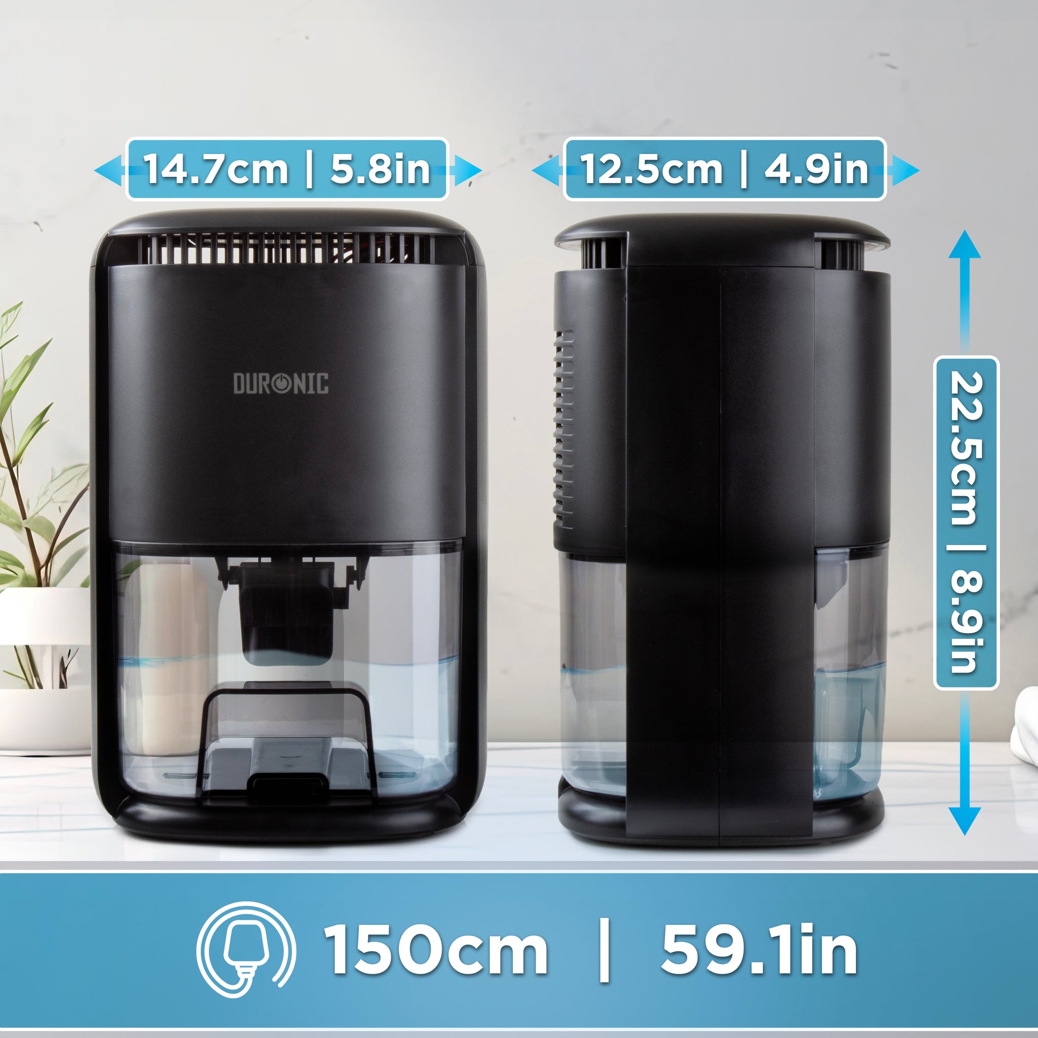 Duronic DH07 BK Déshumidificateur 22,5W Jusqu'à 200 ml d'eau par jour Réservoir d'1 litre Compact et silencieux Idéal pour petits espaces