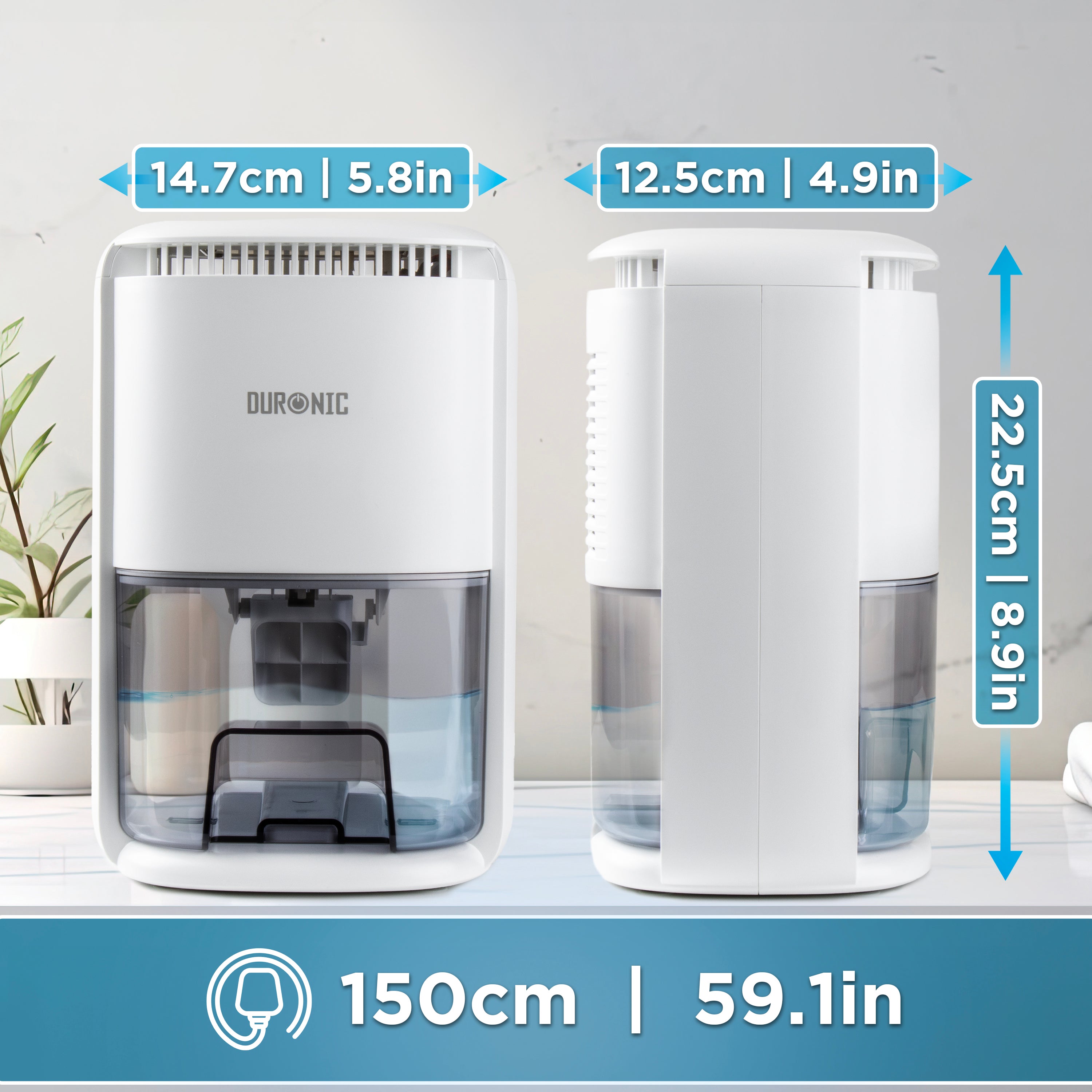 Duronic DH07 WE Déshumidificateur 22,5W Jusqu'à 200 ml d'eau par jour Réservoir d'1 litre Compact et silencieux Idéal pour petits espaces