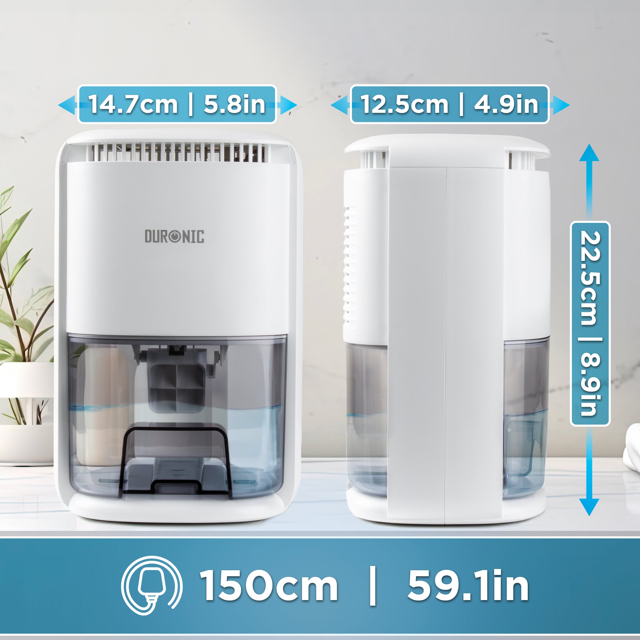 Duronic DH07 WE Déshumidificateur 22,5W Jusqu'à 200 ml d'eau par jour Réservoir d'1 litre Compact et silencieux Idéal pour petits espaces
