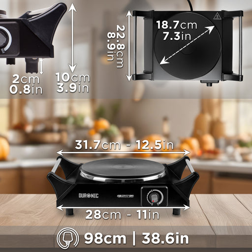 Duronic HP1 BK Plaque de cuisson chauffante électrique avec foyer en fonte de 20 cm | 1500W | Compacte et mobile | Poignées ergonomiques | Thermostat | Cuisinière pour camping, camping-car, caravane
