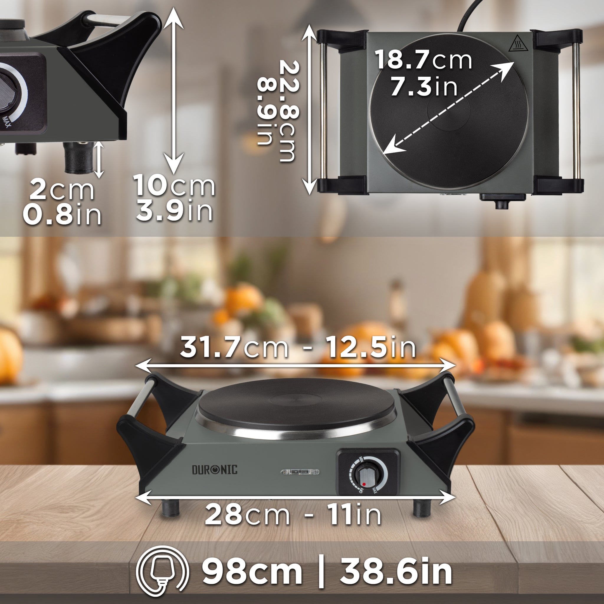 Duronic HP1 GG Plaque de cuisson électrique 1500W avec 1 foyer 20 cm Foyer en fonte Réchaud avec thermostat réglable Poignées ergonomiques Pieds antidérapants Idéal pour camping