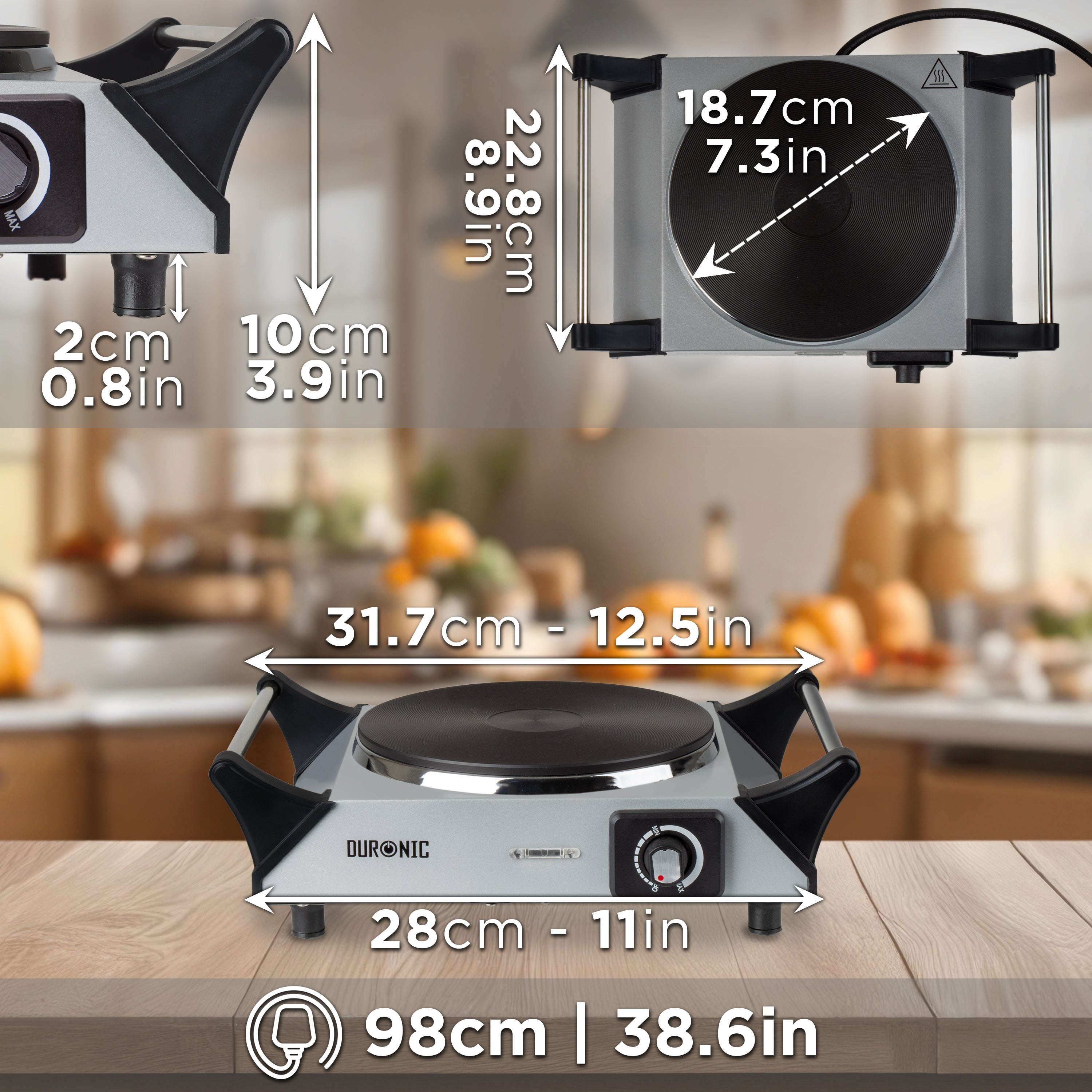 Duronic HP1 SS Plaque de cuisson chauffante électrique avec foyer en fonte de 20 cm | 1500W | Compacte et mobile | Poignées ergonomiques | Thermostat | Cuisinière pour camping, camping-car, caravane