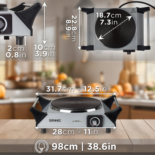 Duronic HP1 SS Plaque de cuisson chauffante électrique avec foyer en fonte de 20 cm | 1500W | Compacte et mobile | Poignées ergonomiques | Thermostat | Cuisinière pour camping, camping-car, caravane