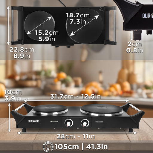 Duronic HP2 BK Plaque de cuisson chauffante électrique avec double foyer en fonte de 20 et 15 cm| 2500W | Compacte et mobile | Poignées ergonomiques | Thermostat | Camping, Camping-car, caravane