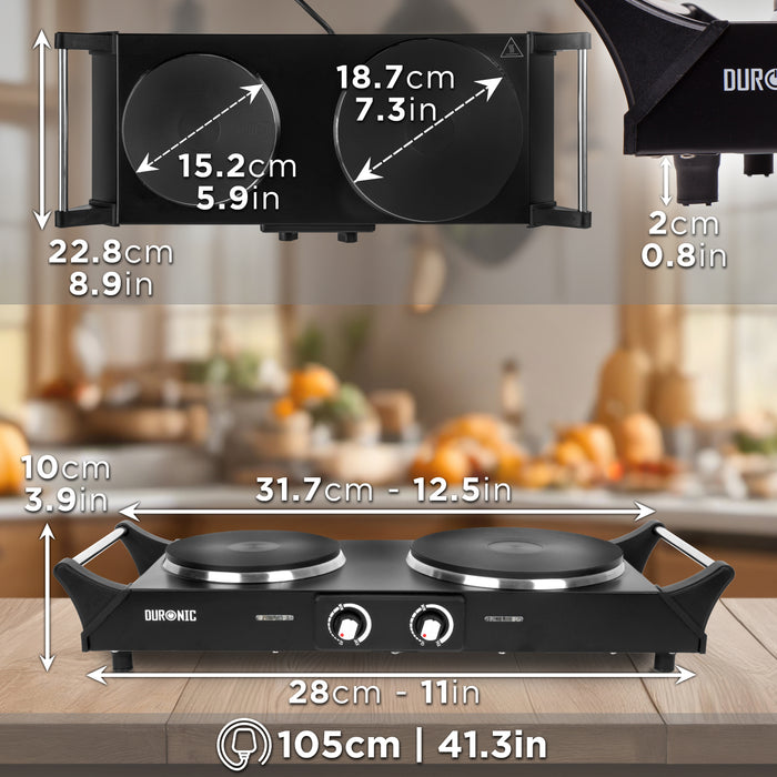 Duronic HP2 BK Plaque de cuisson chauffante électrique avec double foyer en fonte de 20 et 15 cm| 2500W | Compacte et mobile | Poignées ergonomiques | Thermostat | Camping, Camping-car, caravane