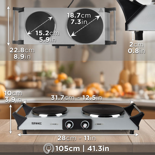 Duronic HP2 SS Plaque de cuisson chauffante électrique avec double foyer en fonte de 20 et 15 cm| 2500W | Compacte et mobile | Poignées ergonomiques | Thermostat | Camping, Camping-car, caravane
