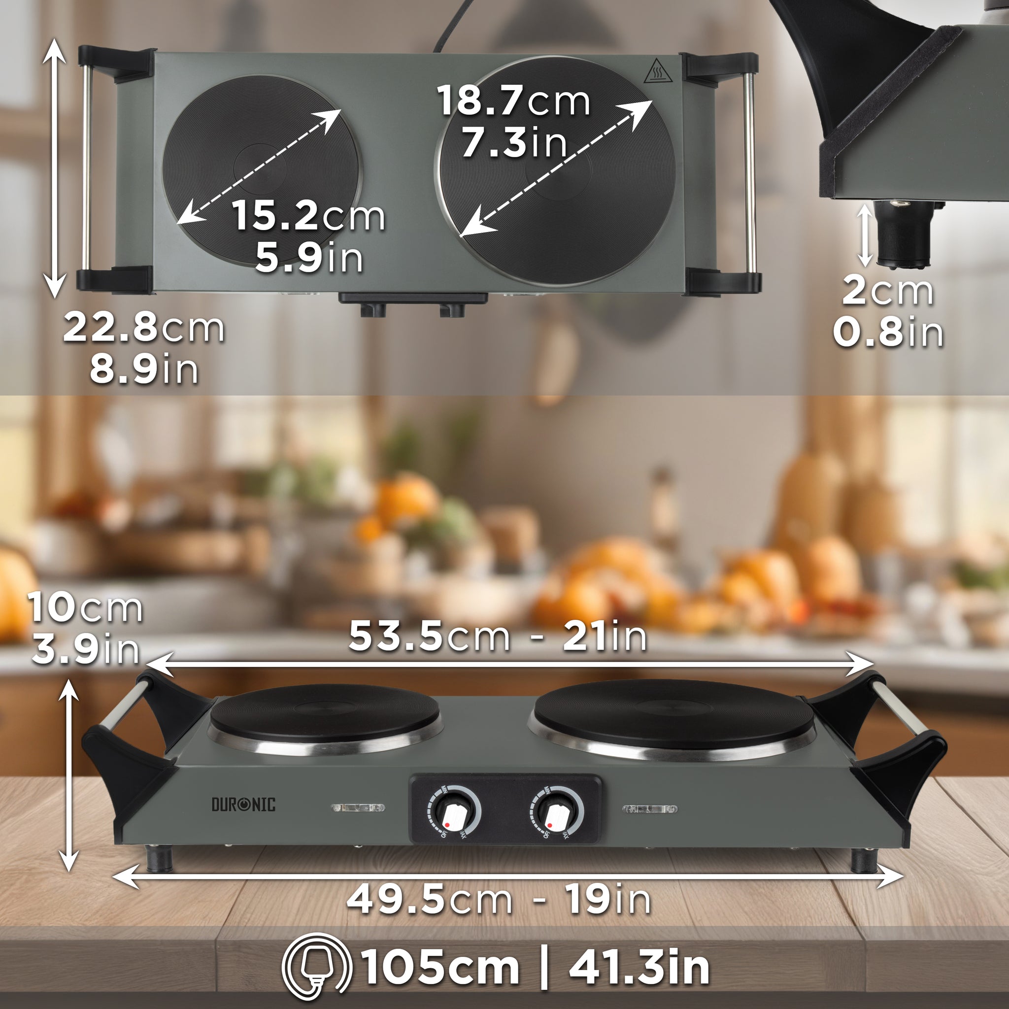 Duronic HP2 GG Plaque de cuisson électrique 2500W avec 2 foyers 20 et 15 cm Foyers en fonte 20 et 15 cm Réchaud avec thermostat réglable Poignées ergonomiques Pieds antidérapants Idéal pour camping